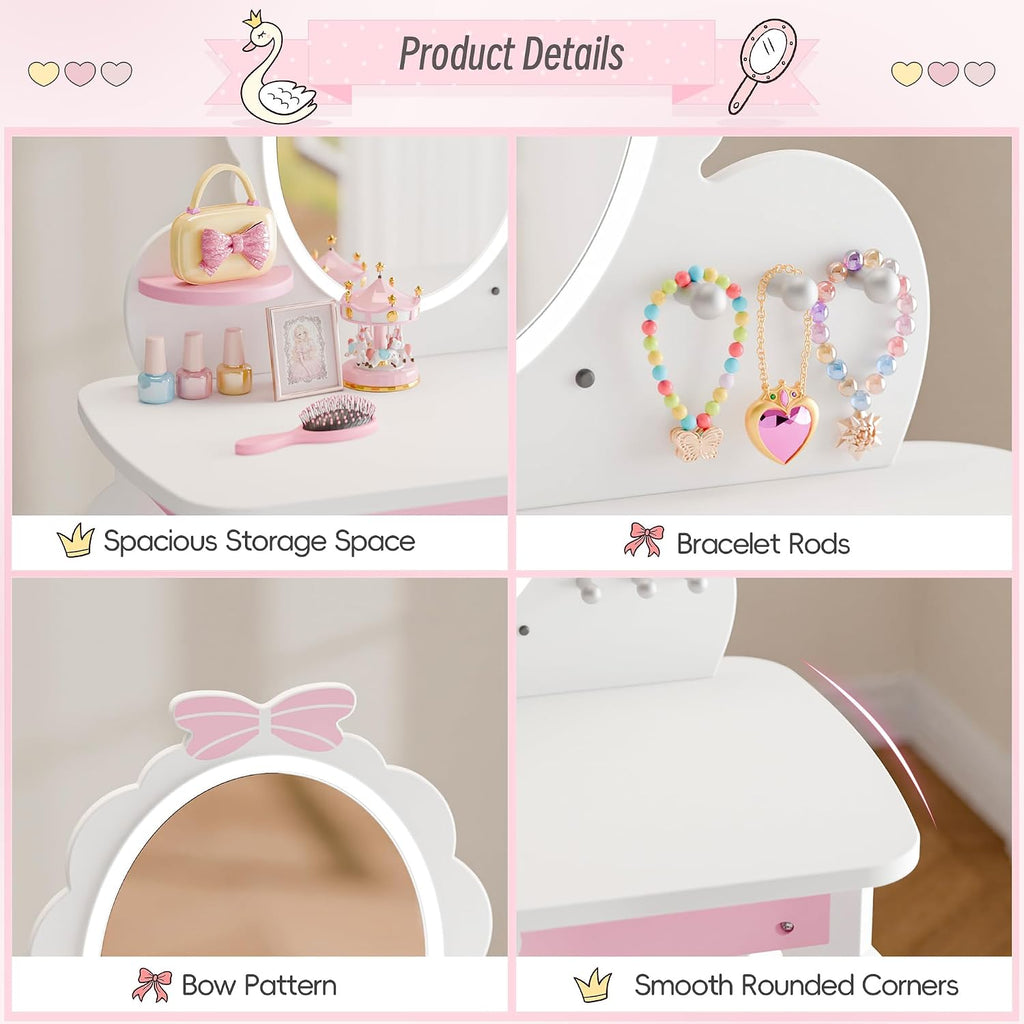MU Kids Vanity Set with Lighted Mirror and Stool, Kids Makeup Vanity Desk with Storage Space, Bow Pattern for Girls, Toddler Princess Makeup Dressing Table with Chair Set, White