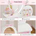 MU Kids Vanity Set with Lighted Mirror and Stool, Kids Makeup Vanity Desk with Storage Space, Bow Pattern for Girls, Toddler Princess Makeup Dressing Table with Chair Set, White