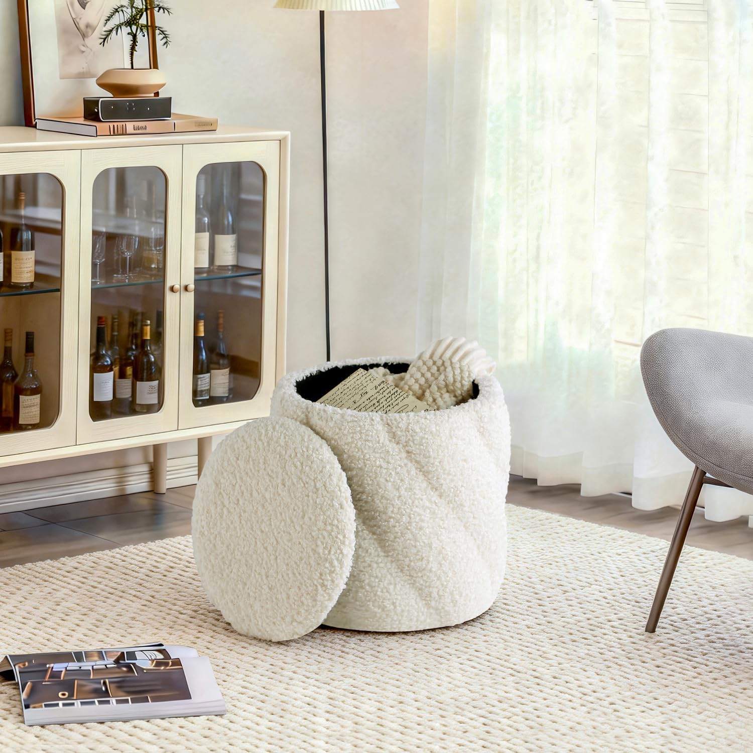 Get Set Style Round Ottoman with Soft Padded Seat, Storage Vanity Stool for Makeup, Upholstered Footrest Stool Ottoman Foot Stool for Living Room, Bedroom