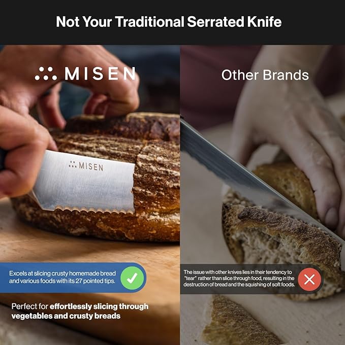Misen Serrated Bread Knife – High-Carbon Japanese AUS8 Steel – Effortless Slicing of Bread, Pastries, and Fruits – Razor-Sharp Edge and Durable Blade with Ergonomic Handle - 8", Black