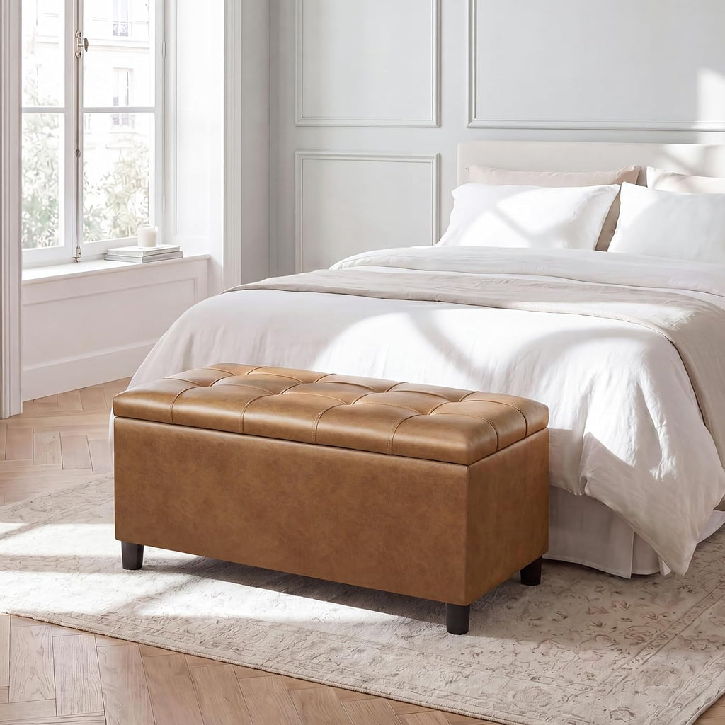 Asense Storage Ottoman Bench,Faux Leather Upholstered Ottoman with Storage,End of Bed Bench with Safety Hinge,for Entryway,Bedroom,Living Room
