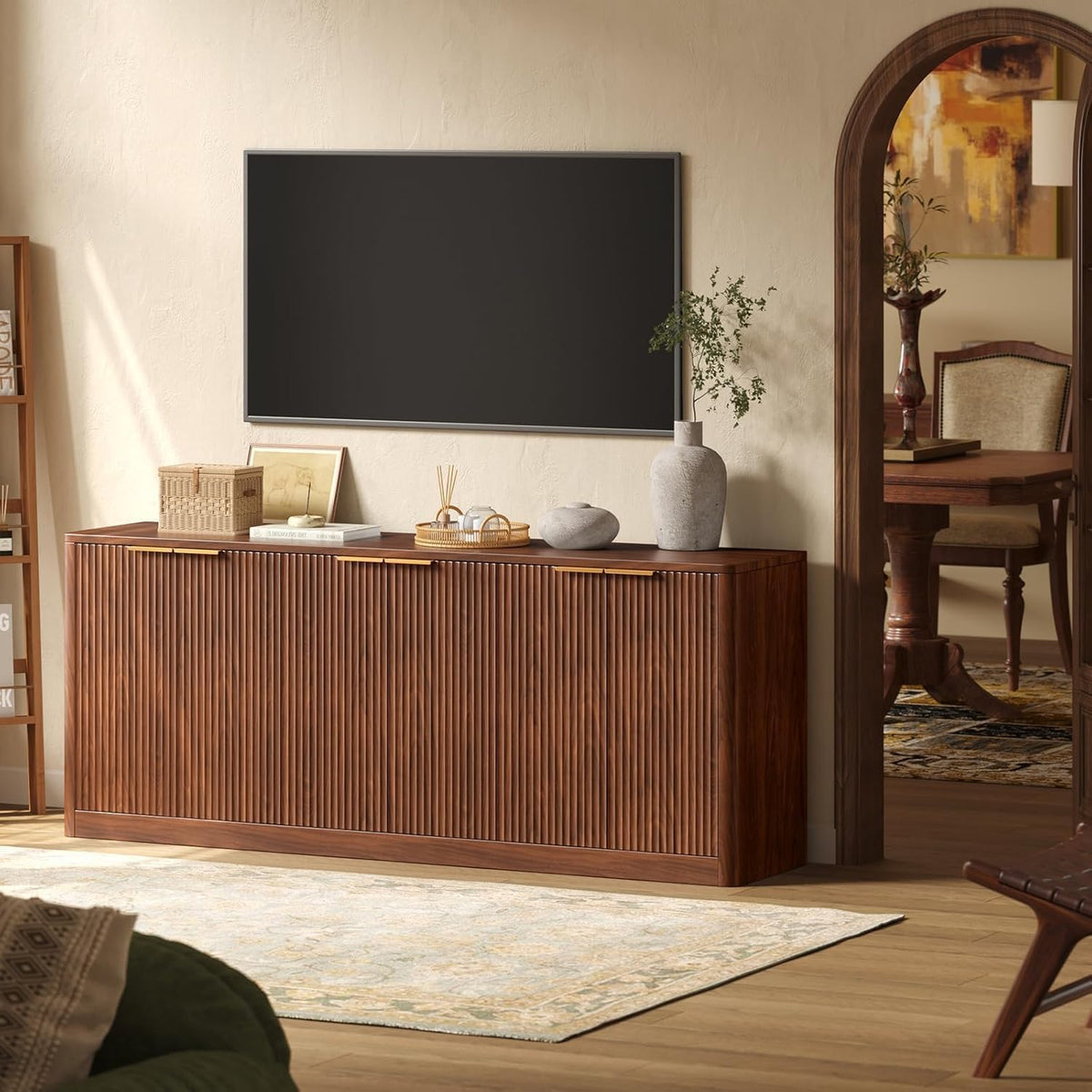 Evermagin 67" Fluted Walnut Buffet Cabinet with Storage