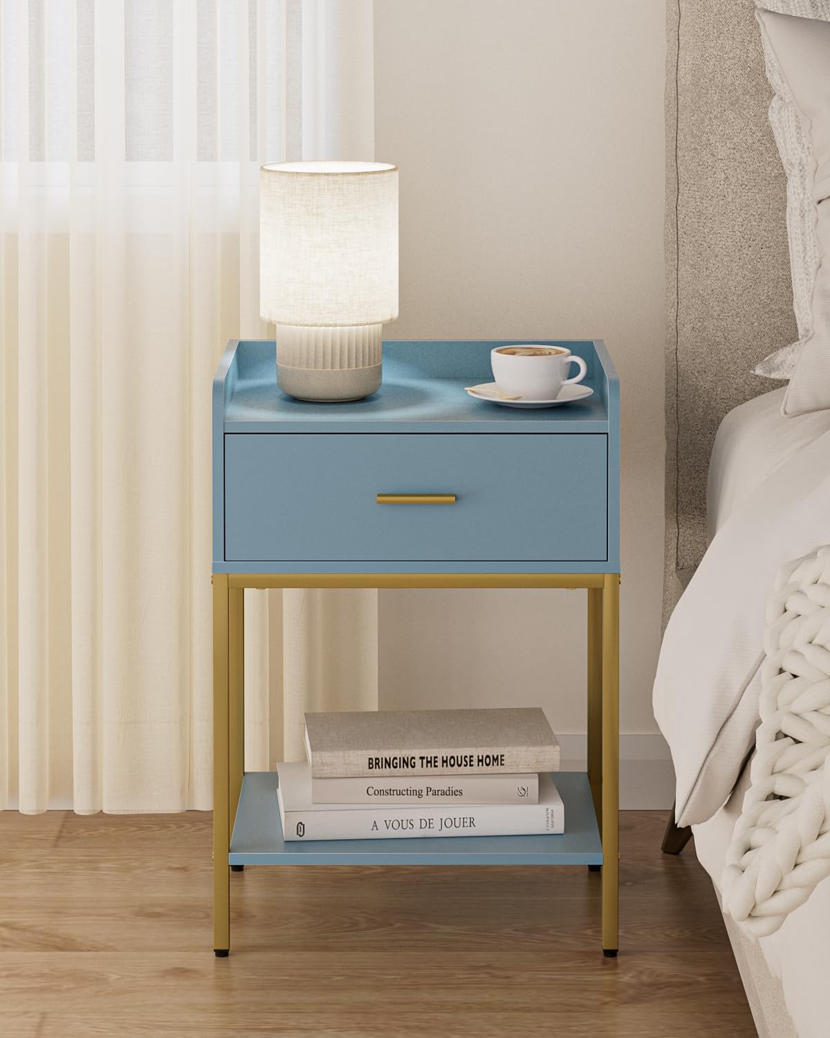Masupu Nightstand,Bedside Table 3-Tier Modern Night Stand with Storage Drawer and Shelf,Small End Side Table for Bedroom,Living Room,Black (Without Outlet, Blue)