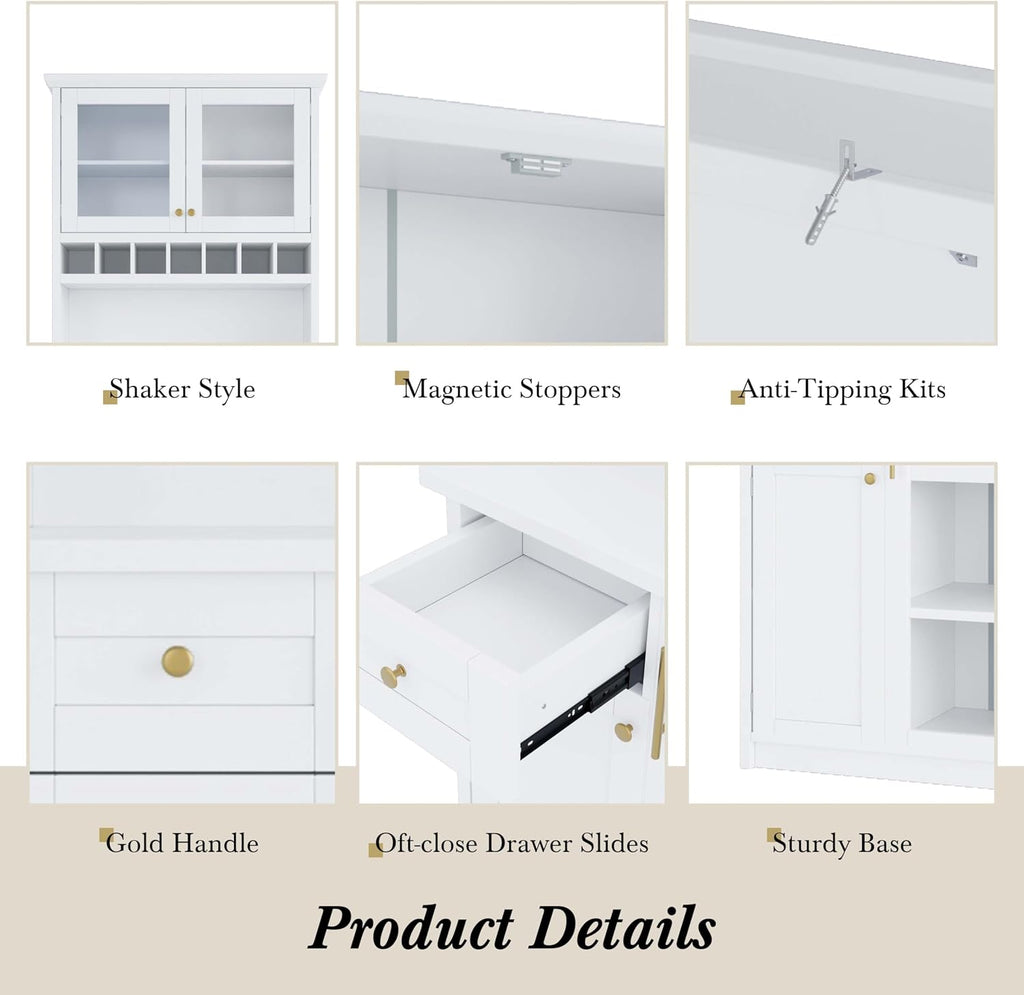 35” Wide Kitchen Hutch with Countertop, Farmhouse Pantry Cabinet with Microwave Shelf | Glass Doors | Wine Rack | Bottle Trays | Drawer, Wooden Structure (White)