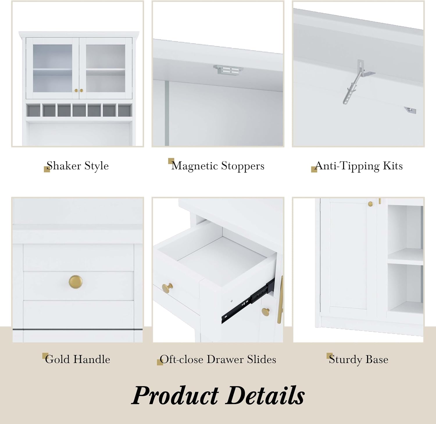35” Wide Kitchen Hutch with Countertop, Farmhouse Pantry Cabinet with Microwave Shelf | Glass Doors | Wine Rack | Bottle Trays | Drawer, Wooden Structure (White)