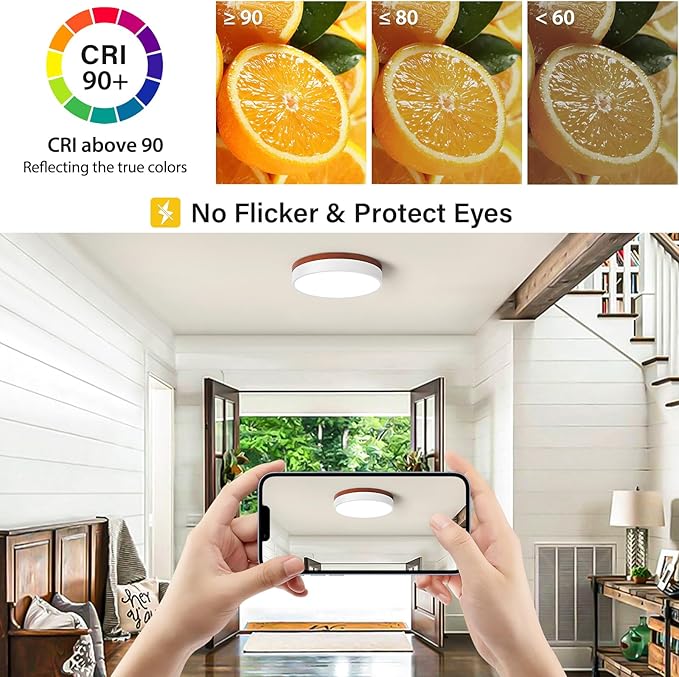 LED Ceiling Light Dimmable, White and Wood Flush Mount Ceiling Light Fixture 5CCT in One, Minimalist Round Ceiling Lamp Modern Lighting for Kitchen, Bedroom, Hallway, Laundry Room, 11.8 Inch