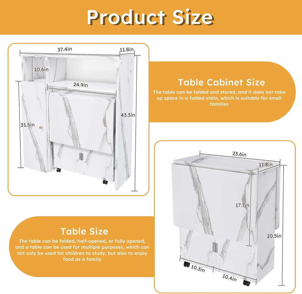 Multifunctional Folding Dining Table with Wall-Mounted Sideboard & Storage, 37.4" Folding Kitchen Island with Wheels, Modern Movable Kitchen Extendable Versatile Table for Small Space White