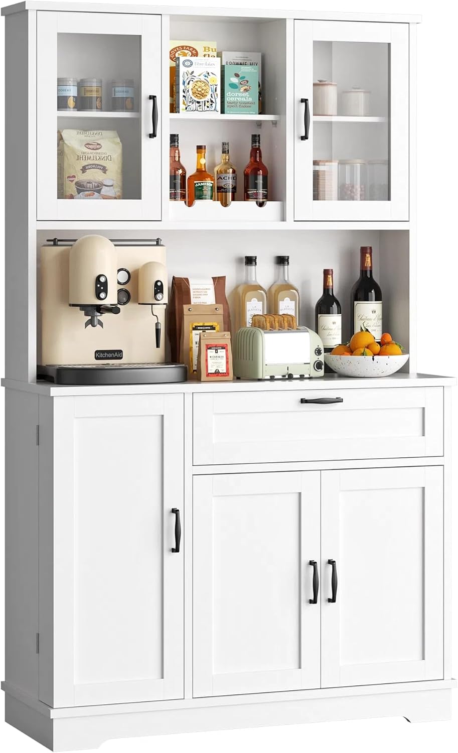 Vongrasig Kitchen Pantry Cabinet, Large Kitchen Hutch Formhouse Storage Cabinet with Microwave Stand, Tall Food Pantry for Dining Room, Living Room, White