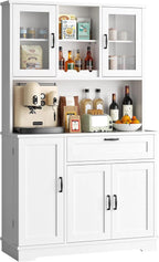 Vongrasig Kitchen Pantry Cabinet, Large Kitchen Hutch Formhouse Storage Cabinet with Microwave Stand, Tall Food Pantry for Dining Room, Living Room, White