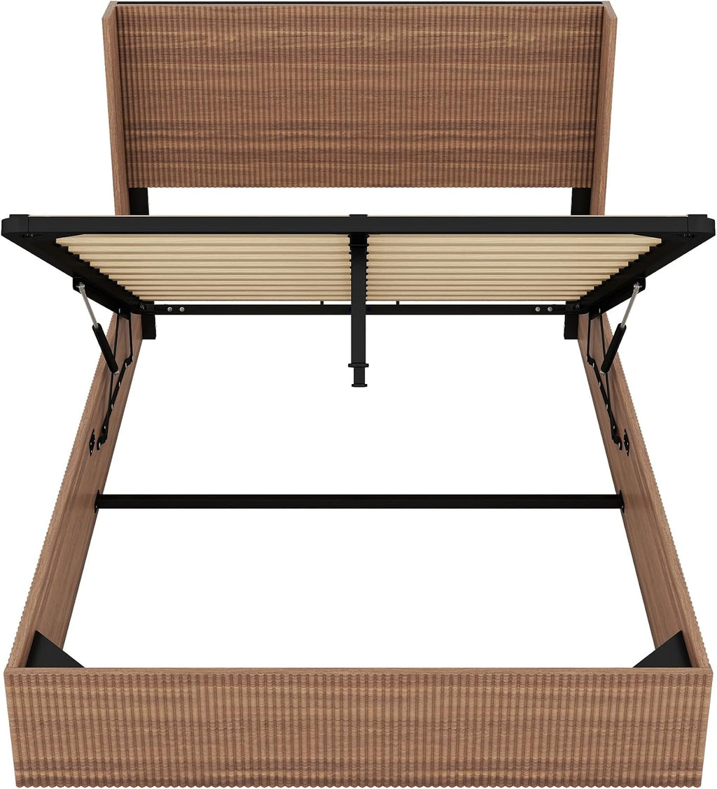 Lift Up Storage Bed Queen Size, Queen Bed Frame with Headboard and Lift Storage System, Wood Headboard with Wing-Back and Convex Groove Board Design