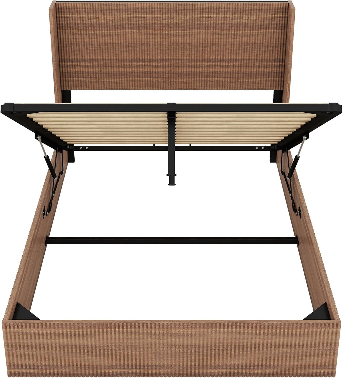 Lift Up Storage Bed Queen Size, Queen Bed Frame with Headboard and Lift Storage System, Wood Headboard with Wing-Back and Convex Groove Board Design