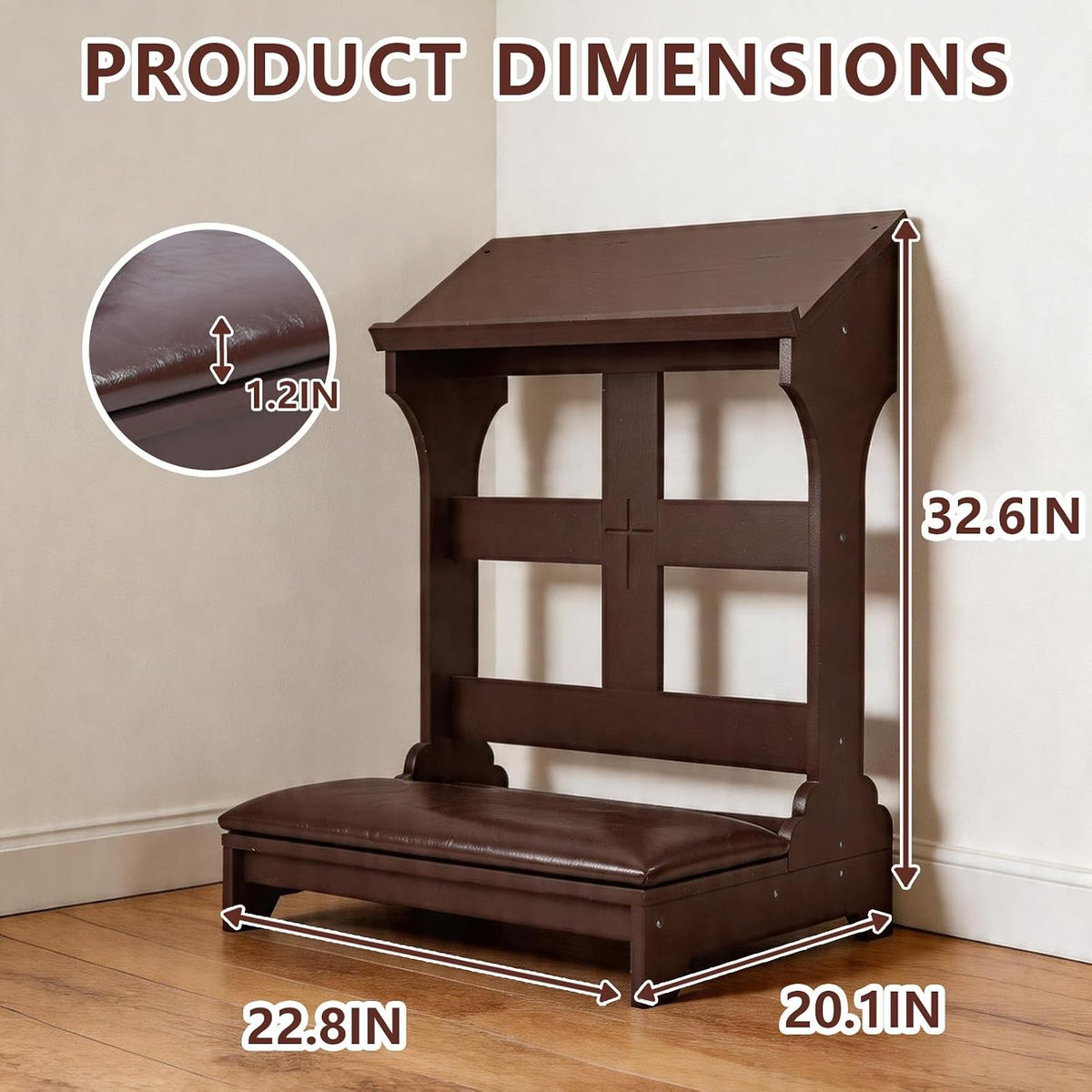 Prayer Kneeler with Built-in Tabletop – Solid Wood Prayer Bench, Faux Leather Cushion, Compact 23"x20"x32" for Home ChurcWorship Ebony
