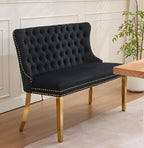 Henf Modern Tufted Velvet Dining Bench with Wing Back, 2-Seat, Nailhead Trim, Sturdy Stainless Steel Legs, Entryway Bench Small Upholstered Loveseat Sofa, 45.6''W x 22.7''D x 35.2''H (Black&Gold)