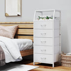 5 Drawers White Tall Fabric Dresser for Bedroom, Dorm Nightstand | Vertical Storage Tower Closet Organizer, Skinny Narrow Bedside Table for Entryway, Steel Frame, Wooden Top