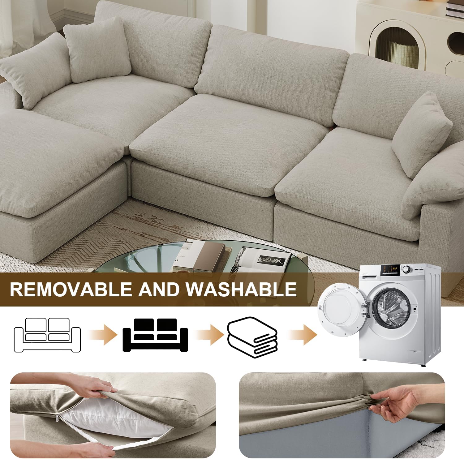 Modular Sectional Sofa Cloud Couch,Down Filled Comfy Cloud Modern Sofa,Light Beige Linen L Shape Oversized Couch Cushion Covers Removable Furniture for Living Room