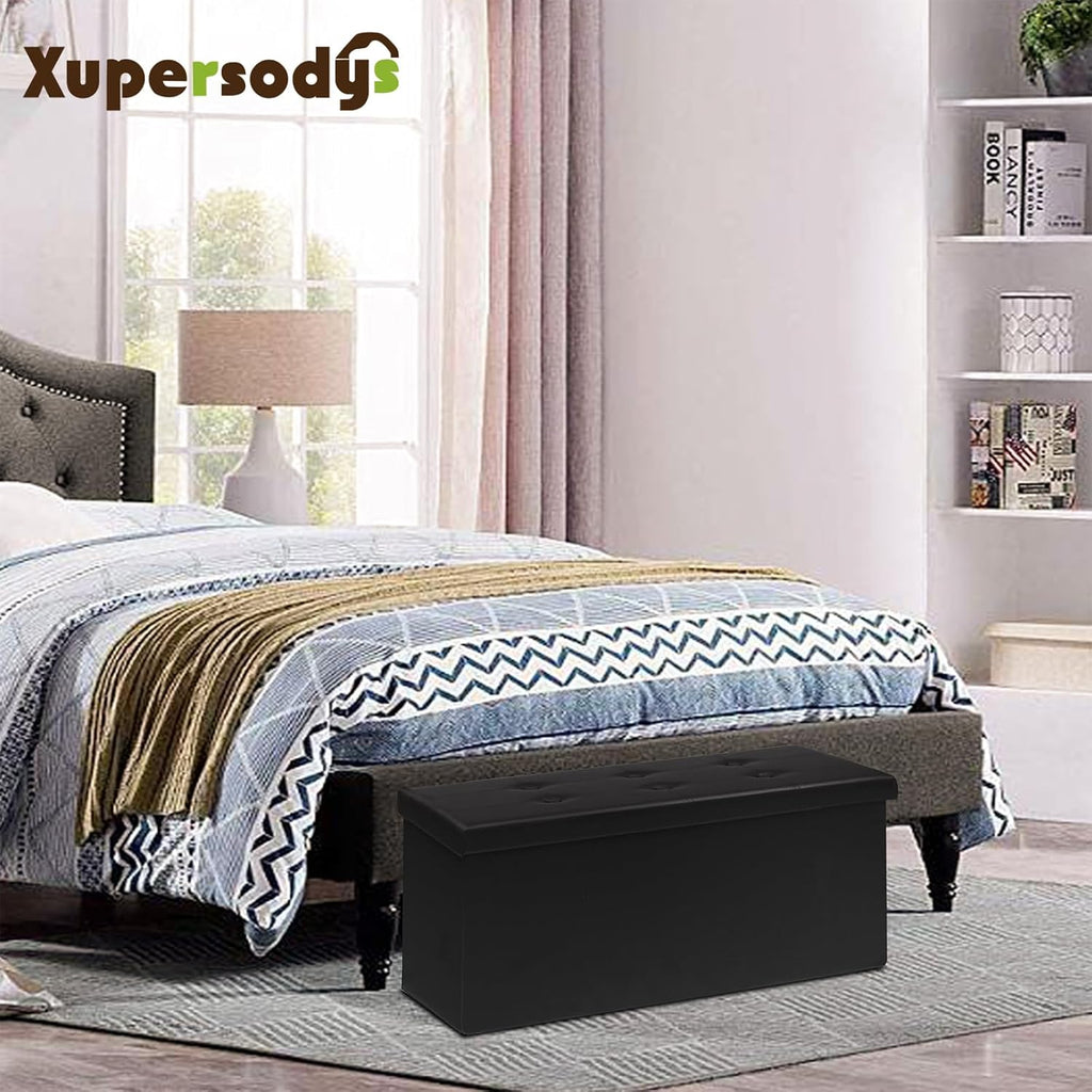 30 Inches Folding Storage Ottoman Bench, Faux Leather Footstool Ottoman, Storage Trunk Footrest for Bedroom, Living Room and Hallway, Support 350lbs, Black（Black line）