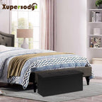 30 Inches Folding Storage Ottoman Bench, Faux Leather Footstool Ottoman, Storage Trunk Footrest for Bedroom, Living Room and Hallway, Support 350lbs, Black（Black line）
