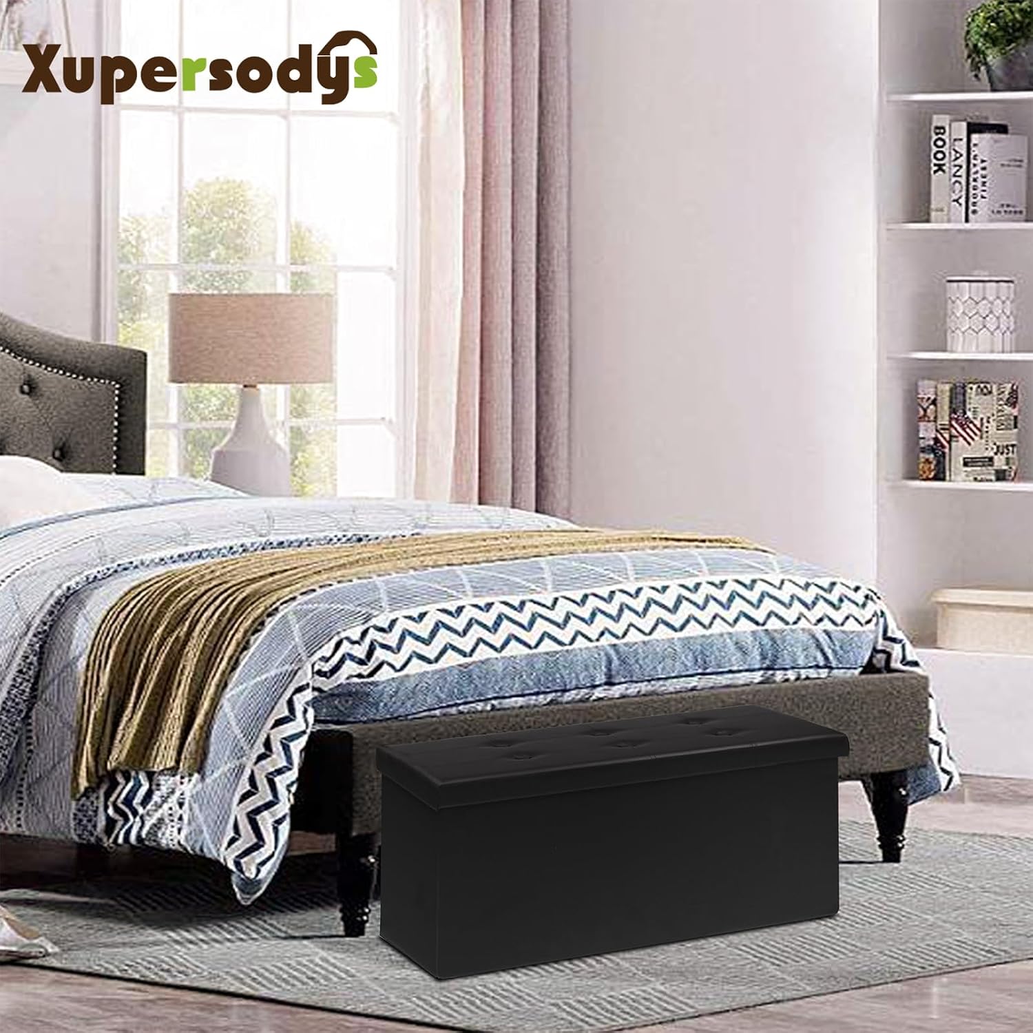 30 Inches Folding Storage Ottoman Bench, Faux Leather Footstool Ottoman, Storage Trunk Footrest for Bedroom, Living Room and Hallway, Support 350lbs, Black（Black line）