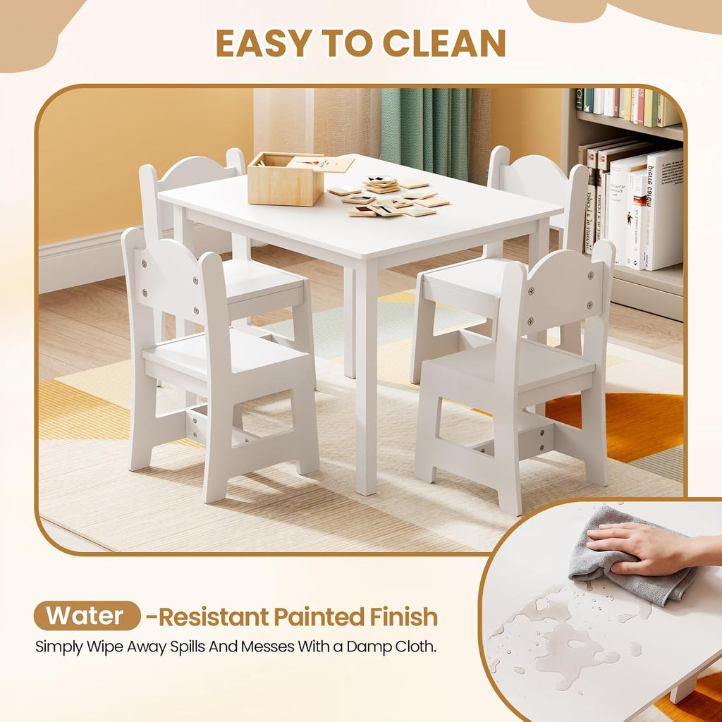 JOYMOR Kids Table and 4 Chairs, Toddler Table and Chair Set for Ages 1-3, Wooden Activity Table with Chairs, Perfect for Arts, Crafts and Nursery Use (White)