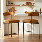 GrandNoor Brown Modern Bar Stools Set of 3, 24 Inch Faux Leather Counter Stools with Curved Backrest, Counter Height Bar Stool for Kitchen Island