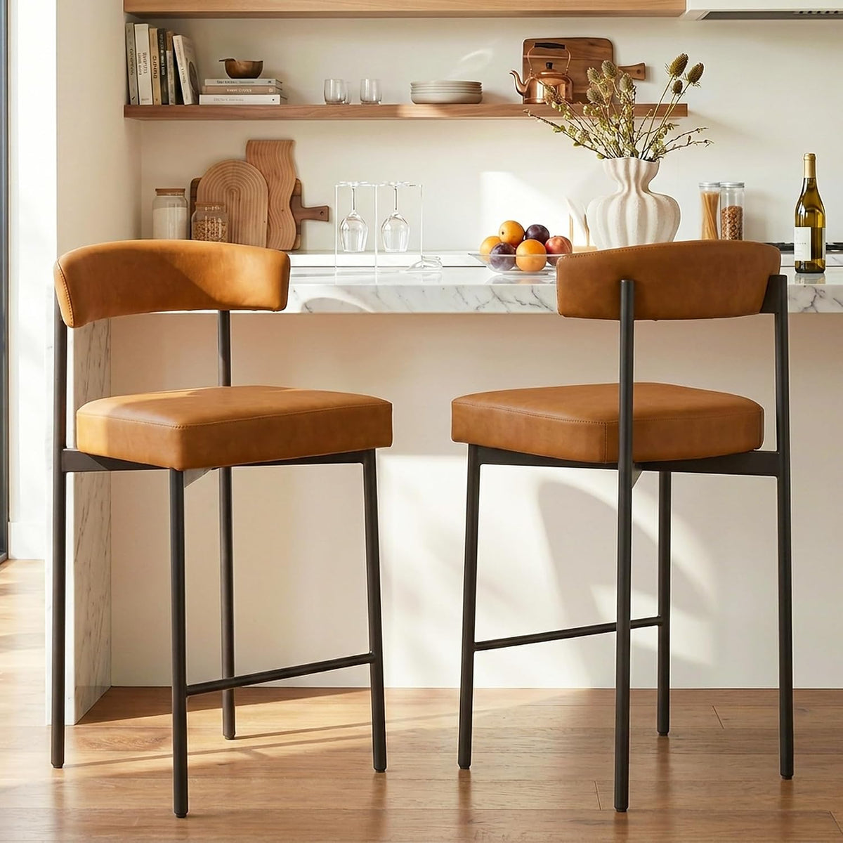 GrandNoor Brown Modern Bar Stools Set of 3, 24 Inch Faux Leather Counter Stools with Curved Backrest, Counter Height Bar Stool for Kitchen Island