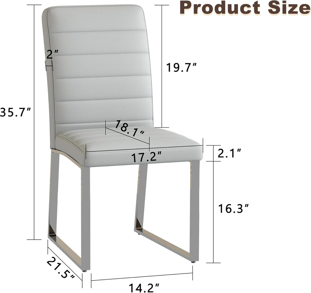 Modern Dining Chairs Set of 4, Grey Faux Leather Kitchen Chairs, Upholstered Armless Dining Room Chair with Silver Mental Legs Heavy Duty, Comfortable (Grey Chiars, Set of 4)