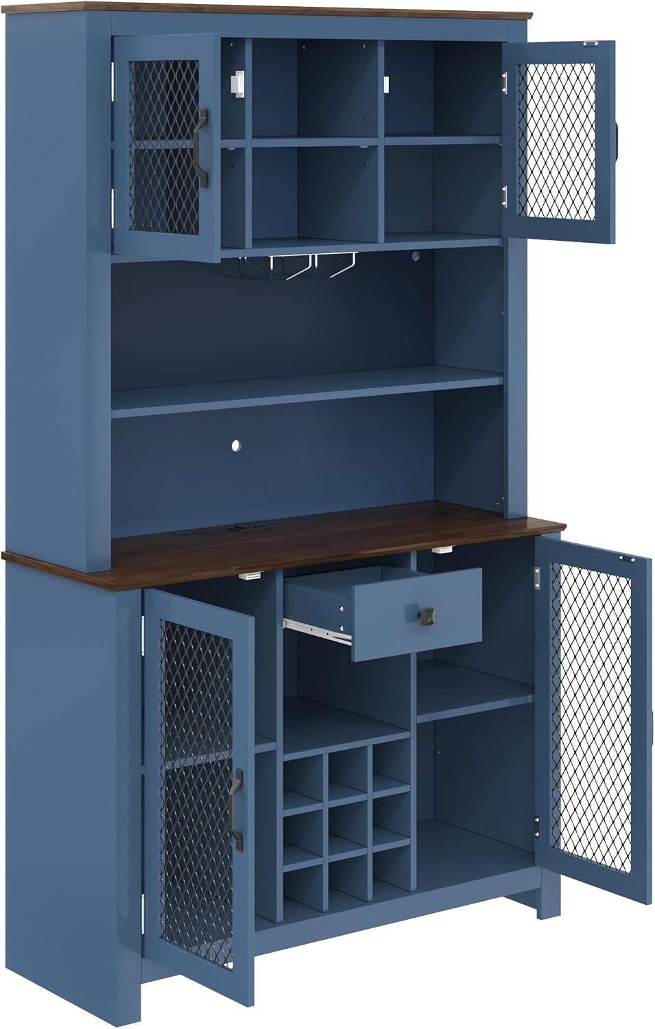 70.9” Farmhouse Kitchen Pantry Cabinet with LED Light & Power Outlets, Rustic Buffet Hutch with Wine Rack Glass Holder Drawer and Adjustable Shelves for Dining Room Coffee Bar Blue