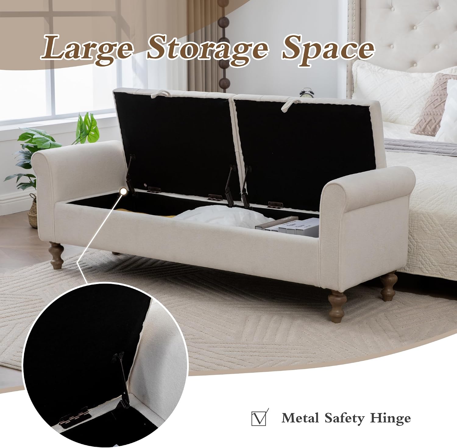 Chifee & Vingol 65" Storage Ottoman Bench Upholstered End of Bed Bench Modern Entryway Benches Double Openings Window Benches for Bedroom Living Room Entryway,Beige