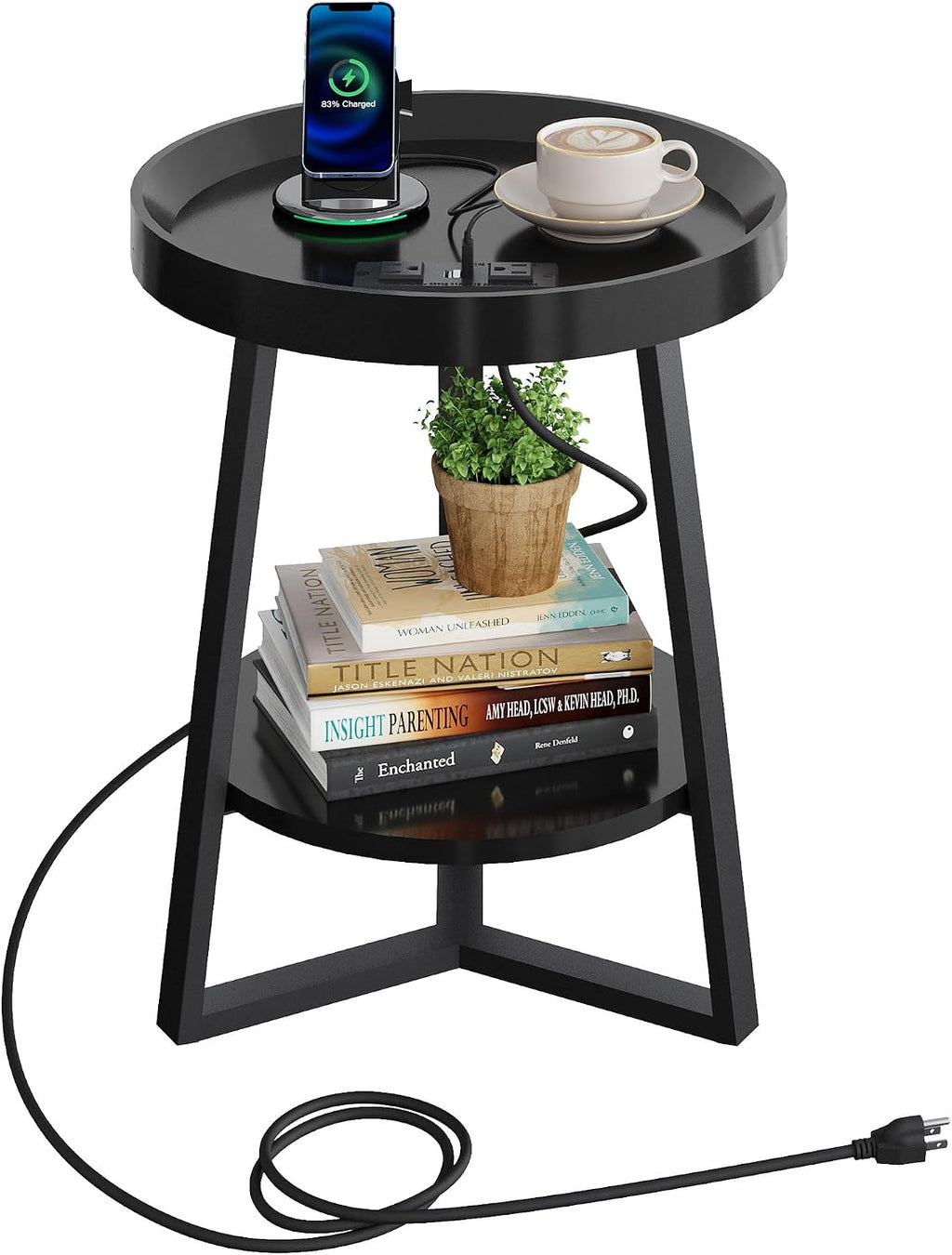 WLIVE Small Round Side Table with Charging Station, Round Coffee Table, 2 Tier End Table for Living Room/Bedroom, Sofa Couch, Easy to Assemble, Wood Tabletop & Metal Frame, Black