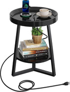 WLIVE Small Round Side Table with Charging Station, Round Coffee Table, 2 Tier End Table for Living Room/Bedroom, Sofa Couch, Easy to Assemble, Wood Tabletop & Metal Frame, Black