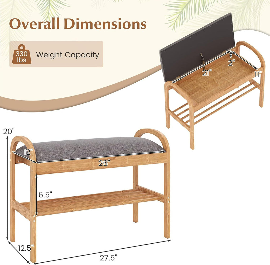 Giantex Shoe Bench with Flip-Top Storage, Bamboo 2-Tier Entryway Bench with Padded Cushion, Shoe Rack Bench for Hallway, Closet, Foyer, Living Room, Bedroom, Mudroom (with Flip-Top Storage)