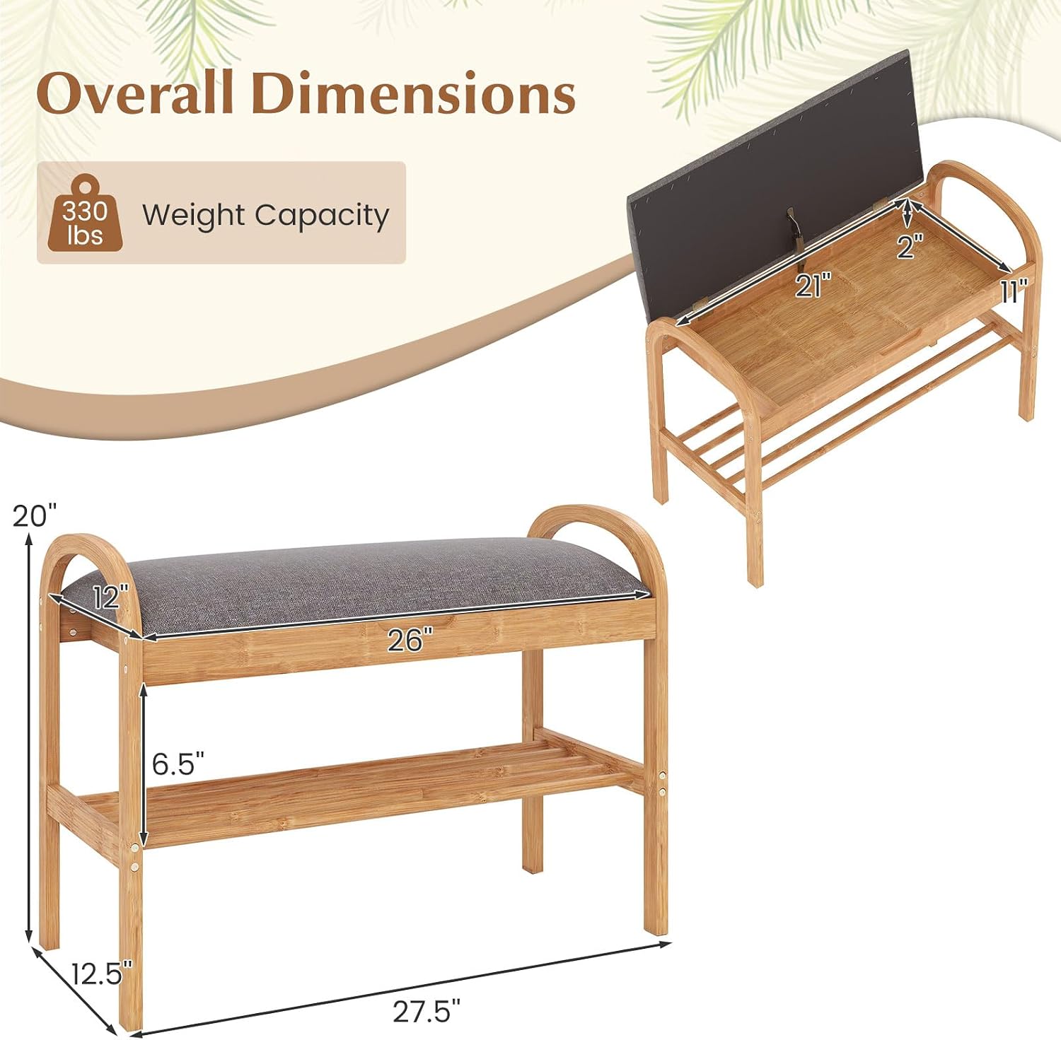 Giantex Shoe Bench with Flip-Top Storage, Bamboo 2-Tier Entryway Bench with Padded Cushion, Shoe Rack Bench for Hallway, Closet, Foyer, Living Room, Bedroom, Mudroom (with Flip-Top Storage)