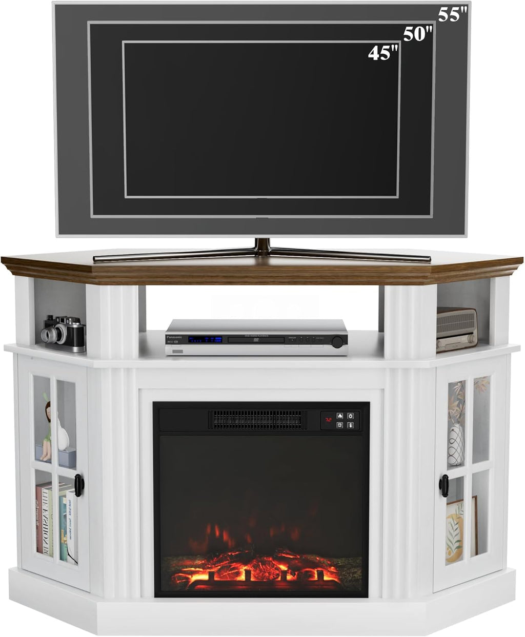 Flamaker Corner Fireplace TV Stand for TVs up to 55 Inch, White | Entertainment Center with 18 Inch Fireplace, Glass-Door Storage Cabinet, Open Shelf, Space-Saving Corner Design