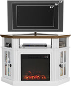 Flamaker Corner Fireplace TV Stand for TVs up to 55 Inch, White | Entertainment Center with 18 Inch Fireplace, Glass-Door Storage Cabinet, Open Shelf, Space-Saving Corner Design