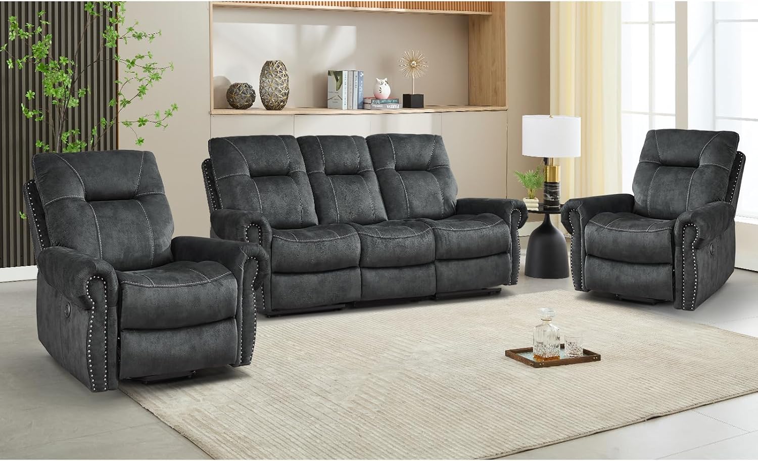 EBELLO 3 Pieces Reclining Couch Furniture Set for Living Room, Double 1 Seat Power Recliner Chair with Massage and Heat, a 3 Seater Manual Sofa, Vintage Rivet Mid-Century Design, Grey