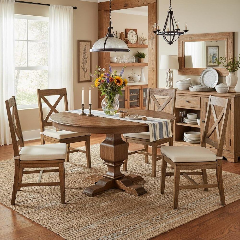 Furnifact Round Dining Table, Sandblasting Antique Walnut Wood Pedestal Table, Rustic Home Kitchen Nook Furniture