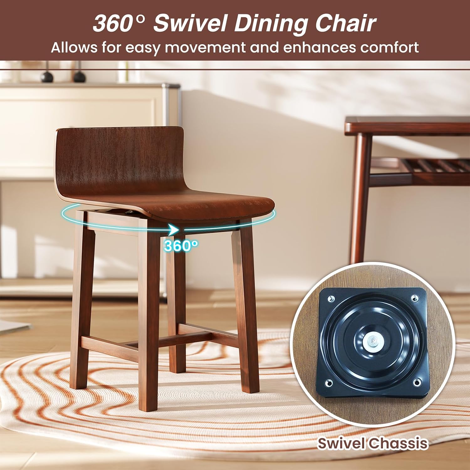 GOFLAME Swivel Dining Chairs Set of 4, Farmhouse Kitchen Chairs with Low Backrest and Curved Seat, Accent Side Chairs with Solid Rubber Wood Frame for Dining Room, Restaurant, Walnut