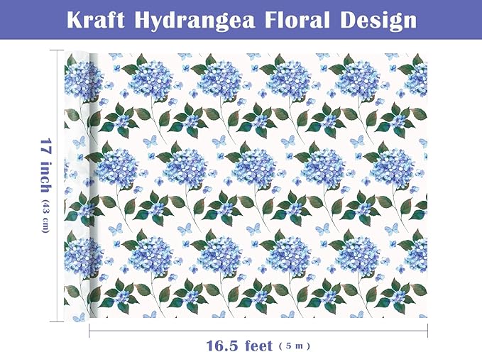 WRAPAHOLIC 30 Inch Jumbo Kraft Hydrangea Floral Wrapping Paper Roll - 30 Inch x 33 Feet - Hydrangea Flower Wrapping Paper for Wedding, Birthday, Bridal Shower, Tea Party