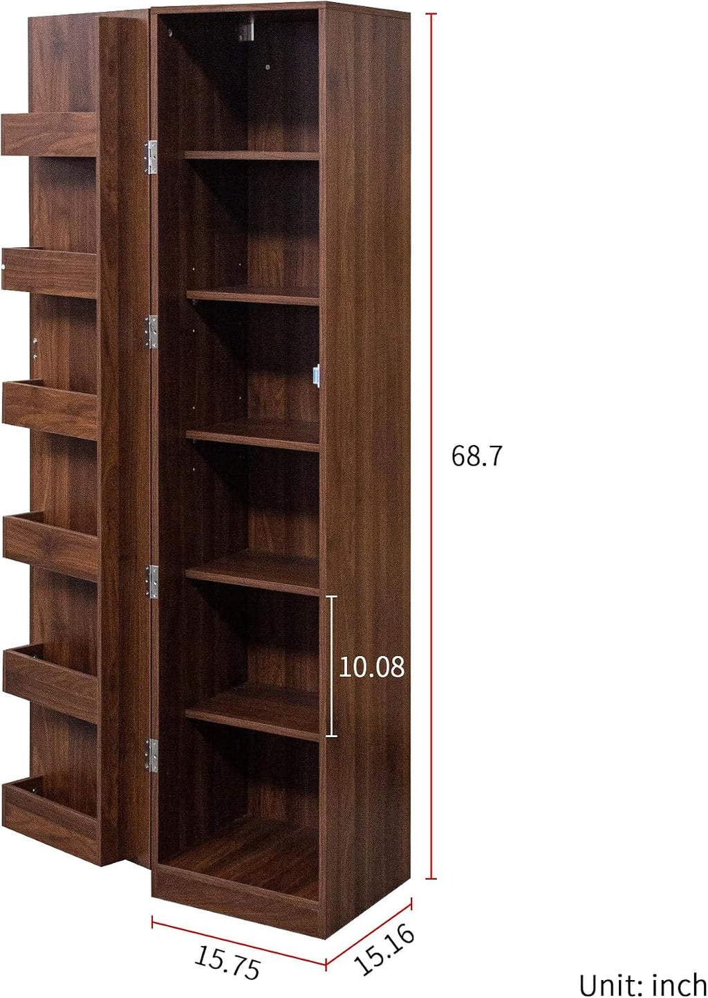 Kitchen Pantry Cabinet with 6 Shelves & 6 Side Racks, 2 Adjustable Shelves Storage Cabinet, Tall 71" Wood Pantry for Kitchen Bathroom, Walnut