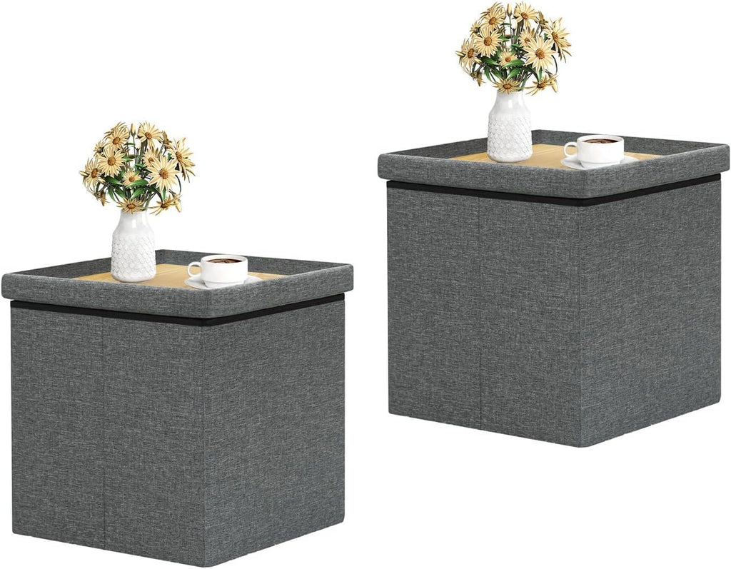 B FSOBEIIALEO Storage Ottoman with Tray, Linen Small Coffee Table Folding Foot Rest Seat Cube, Dark Grey 16"X15.7"x15" Double (2 Pack)