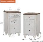 WAMPAT Set of 2 End Table with Charging Station, Wood Nightstands with Drawer and Storage Cabinet, Modern Side Tables Living Room, Farmhouse Night Stands Bedside Table for Bedroom, Rustic White