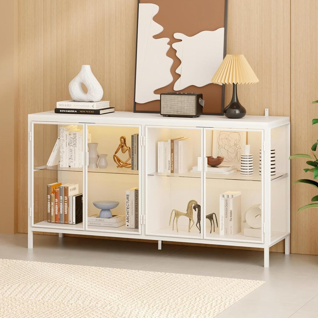 FUFU&GAGA Sideboard Buffet with LED Lights, Glass Doors, Modern Display Cabinet with Glass Shelves, White Cupboard Credenza with Metal Leg, for Living Room Kitchen, 55.1”W x 15.7”D x 29.5”H