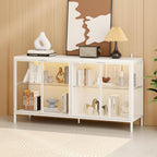 FUFU&GAGA Sideboard Buffet with LED Lights, Glass Doors, Modern Display Cabinet with Glass Shelves, White Cupboard Credenza with Metal Leg, for Living Room Kitchen, 55.1”W x 15.7”D x 29.5”H
