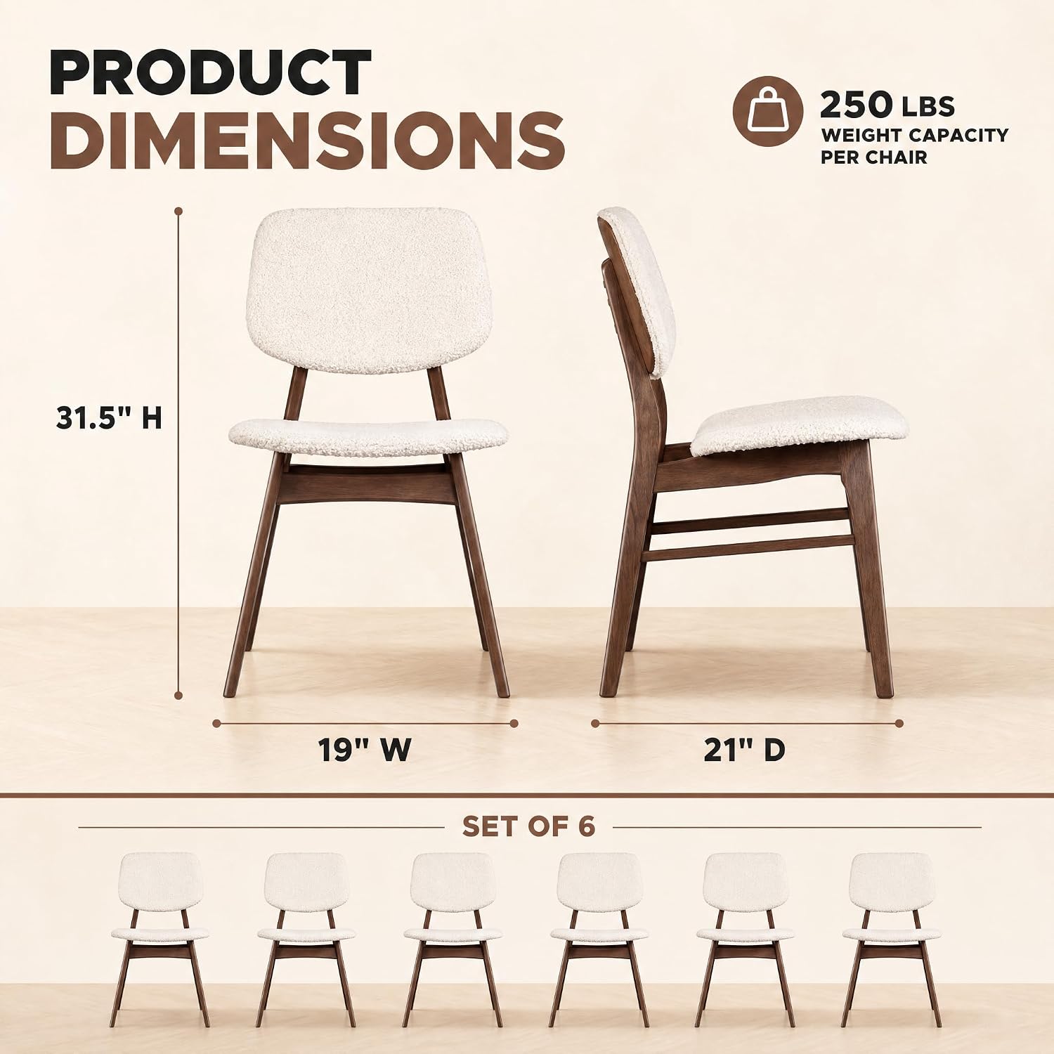 Dining Chairs Set of 6, Mid-Century Modern Dining Room Kitchen Dinner Chairs, Upholstered Vanity Living Room Chairs, Open Back and Padded Seat for Home/Kitchen/Living Room/Bedroom