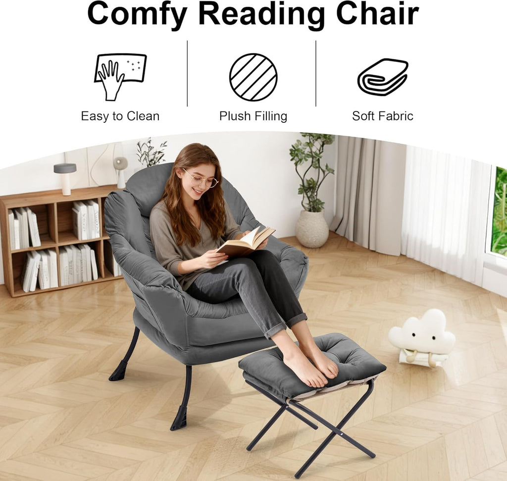 SAETSFEG Lazy Chair with Ottoman, Modern Accent Lounge Chair with Side Pocket and Armrests, Cozy Reading Armchair with Footrest, Upholstered Sofa Chair for Small Spaces, Bedroom Living Room, Dark Grey