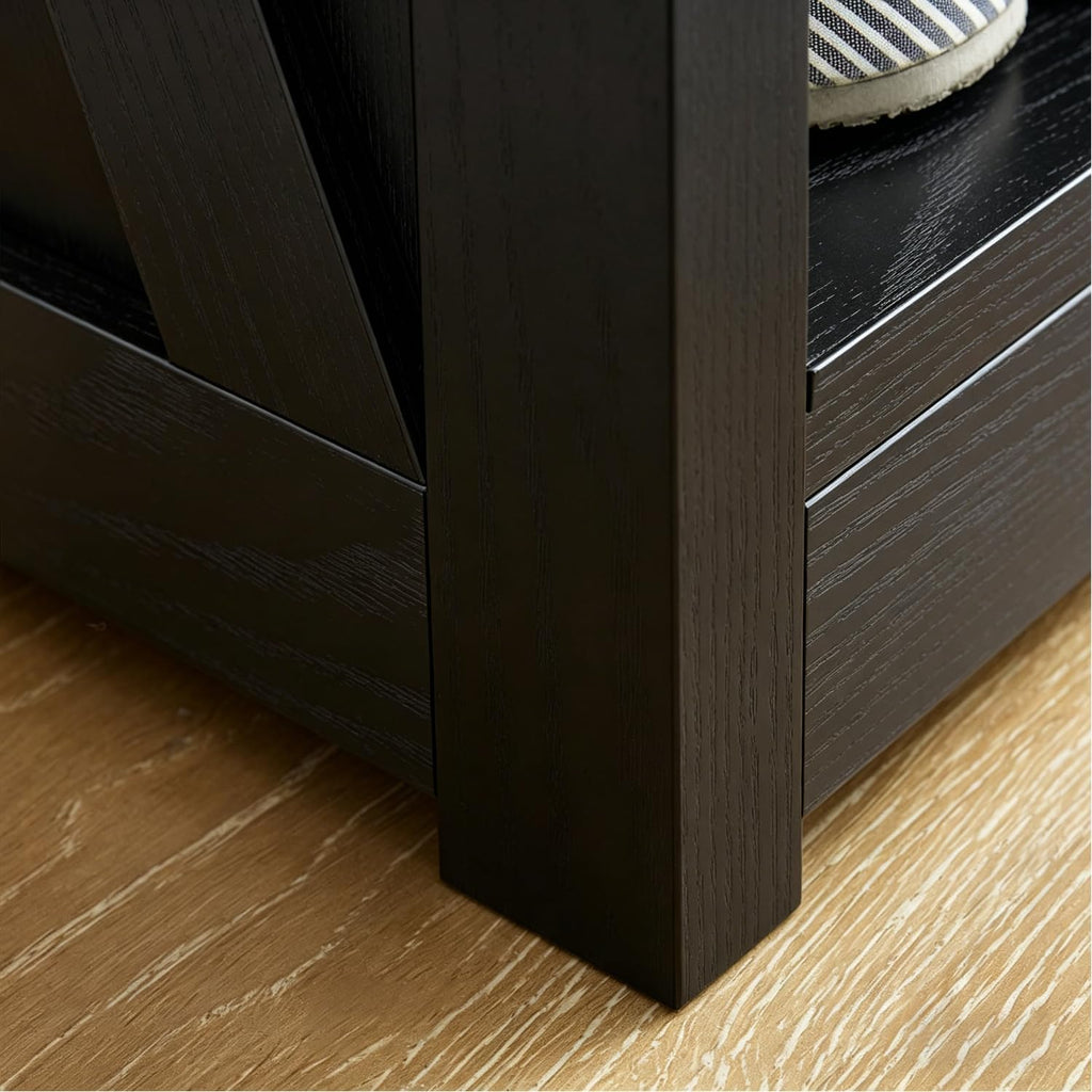 Farmhouse Storage Bench with 2-Tier Open Shelf, Shoe Bench with Cushion for Entryway, Mudroom, Hallway, Living Room & Bedroom Organization, Black