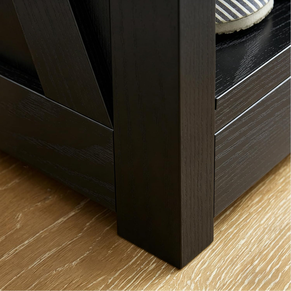Farmhouse Storage Bench with 2-Tier Open Shelf, Shoe Bench with Cushion for Entryway, Mudroom, Hallway, Living Room & Bedroom Organization, Black