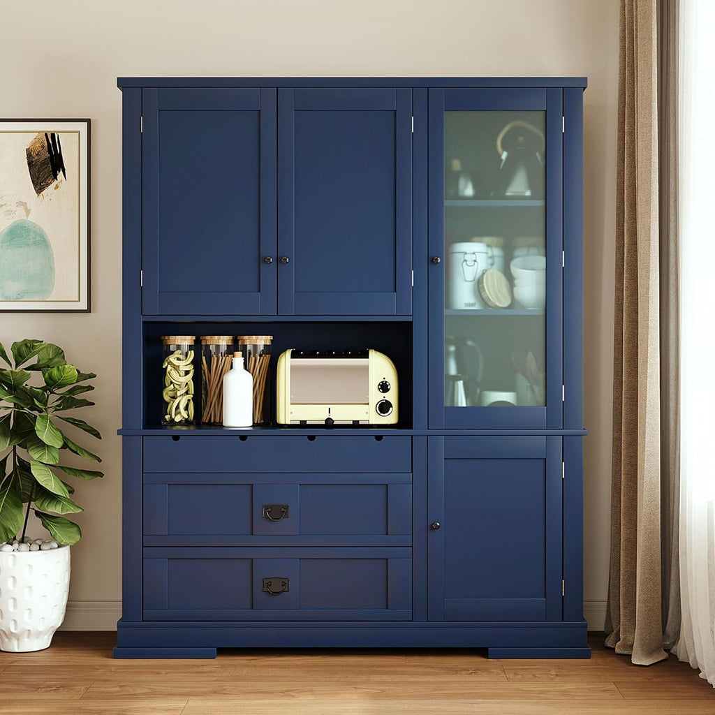 LUMISOL 78" Tall Kitchen Pantry Cabinet with Hutch and Drawers, Modern Kitchen Hutch with Door Shelf and Adjustable Shelves, Large Food Pantry Storage Cabinet for Kitchens,Dining Room, Blue