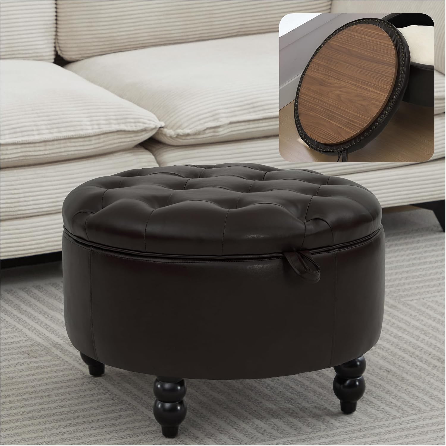 30 Inch PU Leather Round Storage Ottoman with Tray, Modern Upholstered Tufted Coffee Table with Storage, Large Ottoman Footrest Stool for Living Room, Bedroom, Dorm, Dark Brown