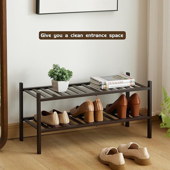 2-Tier Bamboo Shoe Rack for Entryway, Stackable | Heavy Duty | Multi-Function, Free Standing Shoe Racks for Bedroom Hallway Closet